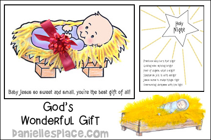 God's Wonderful Gift Bible Lesson for Sunday School and children's ministry for Sunday School and Children's Ministry Including Bible Crafts, Games and Bible Verse Review Activities, Bible Reference:
Luke 1 – 2 and Matthew 2, Decorate Graham Crackers to Look Like Presents activity, baby Jesus in a manger color sheet and activity, Holy Night Picture activity and color sheet, “Jesus, God’s Gift to the World” Picture craft, Pass the Present game, daniellesplace.com, danielleplace.com, daniellespace.com, daniellepace.com, danielsplace.com, danielplace.com, danielpace.com