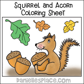 Squirrel, Acorn and Leaves Coloring Sheet