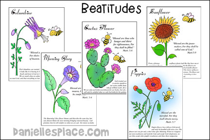 Beatitudes Bible lesson series for Sunday School and childrens ministry, using different flowers to represent each Beatitude. Including coloring sheets, Bible Crafts, and Bible Verse Review Games. www.daniellesplace.com, www.danielleplace.com, www.daniellsplace.com, www.danielesplace.com, www.danielsplace.com