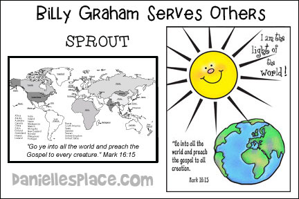 Billy Graham Bible Lesson - SPROUT  for Sunday School and Children's Ministry, Including Bible Crafts, Games, songs,  and Bible Verse Review Activities, Memory Verse:
“Go ye into all the world and preach the Gospel to every creature.” Mark 16:15, “So Christ himself gave the apostles, the prophets, the evangelists, the pastors and teachers, to equip his people for works of service, so that the body of Christ may be built up.” Eph. 4:11-12, 
“And he gave some, apostles; and some, prophets; and some, evangelists; and some, pastors and teachers; For the perfecting of the saints, for the work of the ministry, for the edifying of the body of Christ:”, Go Ye Into All the World to Preach the Gospel to All Creation Coloring Sheet, How Many Places do you Know? Activity Sheet, Find the Place Game, Who Is It? Activity, Find Your Place Bible Verse Review Game,
daniellesplace.com, daniellespace.com, daniellplace.com, daniellsplace.com, danielsplace,com, danielspace.com, danielplace.com, danilesplace.com, danielplace.com                   