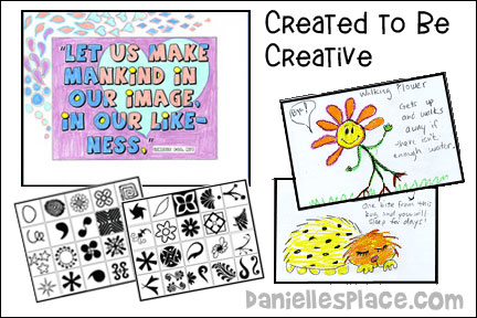 Created to be Creative Bible Lesson for Sunday School and Children's Ministry Including Bible Crafts, Games and Bible Verse Review Activities, Scripture References:
Genesis 1:26, Genesis 2:19, and Exodus 31:16, Dictionary word:
Inspiration – to be filled with an animating, quickening, or exalting influence, or to produce a feeling or thought, “Create a New Creature and Name It” Trading Cards activity,  Illustrate a Bible Verse activity, Chalk Marker Doodle Cross Picture craft, Act out the Bible Verse Review activity, Make up a Bible Verse Memory Game, read “Beautiful Oops!” by Barney Salzberg, daniellesplace.com daniellespace.com, danielleplace.com, daniellslace.com, danielsplace.com, danielplace.com, danielspace.com