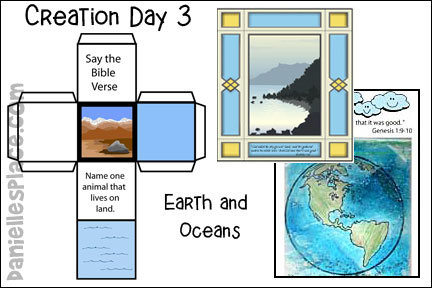 Creation Day 3 - Earth and Oceans for Sunday School and Children's Ministry Including Bible Crafts, Games and Bible Verse Review Activities, Bible Reference:
Genesis 1:9-10, ziplock earth and sea manipulative picture craft, Genesis 1:9-10, Land and Sea Layered Bible Verse Review Craft and Activity, Study a Globe activity, Play a Review Game with a Die, Play a Globe Game
, songs creation day three and creation song, daniellesplace.com, daniellespace.com, danielleplace.com, danielesplace.com, danielsplace.com, danielspace.com, danielplace.com