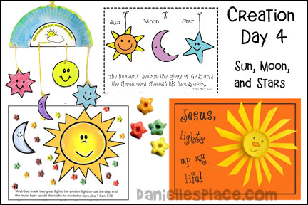 Creation Day 4 - Sun, Moon, and Stars for Sunday School and Children's Ministry Including Bible Crafts, Games and Bible Verse Review Activities, Bible Reference:
Genesis 1:14-19, John 1:9, Psalm 18:28, and John 14:16, Luke 1:78-79, “I Am the Light of the World” Sundial from a Paper Plate and Clay craft, “I am the Light of the World” Sun Catcher craft, Star Necklace craft, Sun, Moon, and Star Picture activity sheet, ”Jesus Lights up my Life” Craft, “Lift Up Your Eyes and Look to the Heavens” Activity Sheet, Sun, Moon, and Stars Mobile craft, Sun, Moon, and Stars Mobile, Keep the Stars in the Sky Balloon Game, Star Wars Bible Verse Review Game, Sun, Moon, Stars Coloring Sheet, songs creation day four, daniellesplace.com, daniellespace.com, danielleplace.com, daniellpace.com, danielsplace.com, danielspace.com, danielspace.com, daniellsplace.com