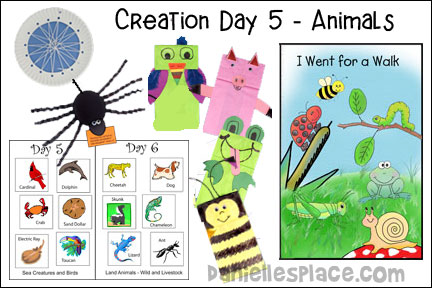 Creation Day 5 - Animals for Sunday School and Children's Ministry Including Bible Crafts, Games and Bible Verse Review Activities, Bible Verse:
“And God saw everything that he had made, and behold, it was very good.” Genesis 1:31a, KJV, Bible Reference: Genesis 1:20-25, Play a Match Game, “Everything God has Made is Good” Spider and Spider Web craft, Make Animal Masks craft, Paper Bag Animal Puppets craft, Day Five and Day Six Activity Sheet, Identify Animals activity, Play “Find Your Mate” game, Mural or Bulletin Board Display activity, Show and Tell, Read ” I Went for a Walk” Printable Book, Songs God made all the animals and The Fifth and Sixth Days of Creation, daniellesplace.com, danielleplace.com, daniellespace.com, daniellsplace.com, danielsplace.com, danielspace.com, danielplace.com, danilesplace.com