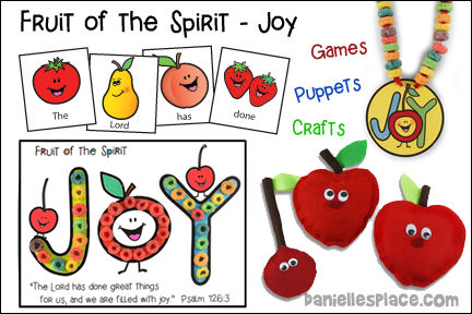 Fruit of the Spirit Joy Bible Lesson Fruit of the Spirit - Gentleness for Sunday School and Children's Ministry, Including Bible Crafts, Games, songs,  and Bible Verse Review Activities, Bible Reference:
Galatians 5:22-23a and Acts 16:16-40, Fruit Loop Necklace Craft, Fruit of the Spirit Bible Verse Picture for Joy, Joy Fruit Loop Activity Sheet, FRuit of the Spirit Joy Bird Bible Verse Coloring Sheet, Paul and Silas Activity and Coloring Sheet, Fruit of the Spirit Bible Verse Review game, Love and Joy Beanbag Pass Craft,  No-sew Fruit Beanbags Craft, Spread the Joy Beanbag Toss Game, Apple or Cherry? Sniff and Smell Activity, songs Rejoice in the Lord Always. 
I’ve Got the Joy, Joy, Joy, Joy Down in My Heart, daniellesplace.com, daniellespace.com, daniellplace.com, daniellsplace.com, danielsplace,com, danielspace.com, danielplace.com, danilesplace.com, danielplace.com