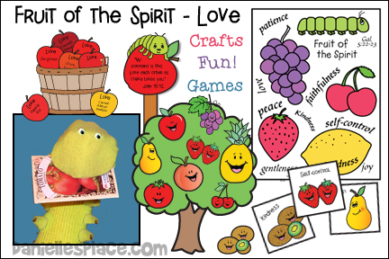 Fruit of the Spirit - Love Fruit of the Spirit - Gentleness for Sunday School and Children's Ministry, Including Bible Crafts, Games, songs,  and Bible Verse Review Activities, Bible Reference: Galatians 5:22-23a, John 15:12, Fruit of the Spirit Posters and Coloring Sheets, Fruit of the Spirit Bible Verse Review Game, Fruit of the Spirit Tree Memory Verse Chart, Scratch and Sniff Fruit of the Spirit Pictures, Fruit of Spirit Caterpillar Plant Stake Craft, Fruit of the Spirit Paper Plate Basket, Squirmy Worm Paper Bag Puppet with a Bible Verse, Fruit of the Spirit Match Game, Feed Squirmy Bible Verse Review Game, Jesus Showed Us How to Love Basketful of Apples Bulletin Board Display, Worm Through the Apple Game, Make Heart-shaped Apple Prints, songs Love One Another, John 5:12, God's love is higher than the mountains, Do You Love? , In The Bible, daniellesplace.com, daniellespace.com, daniellplace.com, daniellsplace.com, danielsplace,com, danielspace.com, danielplace.com, danilesplace.com, danielplace.com