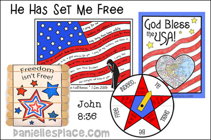 He Has Set Me Free Bible Lesson for Sunday School and Children's Ministry, Including Bible Crafts, Games, songs,  and Bible Verse Review Activities, Memory Verse:
“If the Son therefore shall make you free, ye shall be free indeed.” John 8:36, Paper Pieces Flag Craft, Patriotic Folding Craft Stick Crafts, Freedom Bible Verse Review Craft, Make a Personal Flag, God Bless the USA! Picture Color Sheet, Flag Coloring and Activity Sheet, John 8:36 Bible Verse Activity Sheet, 
daniellesplace.com, daniellespace.com, daniellplace.com, daniellsplace.com, danielsplace,com, danielspace.com, danielplace.com, danilesplace.com, danielplace.com