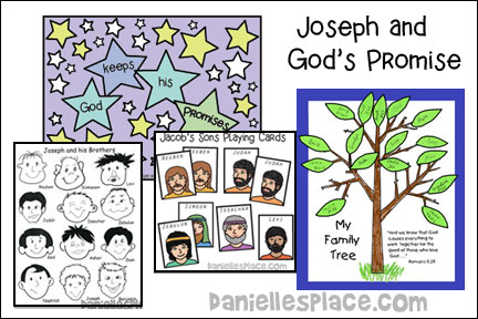 Joseph and God's Promise for Sunday School and Children's Ministry, Including Bible Crafts, Games, songs,  and Bible Verse Review Activities, Bible Verse:
“He is kind and full of mercy; he is patient and keeps his promise. . .” Joel 2:13b, Bible References:
“I will give you as many descendants as there are stars in the sky, and I will give them all this territory.” Genesis 26:4 and Genesis 45:27, God Keeps His Promises Star Picture, Joel 2:13b Decode the Verse Bible Verse Activity Sheet for Older Children, Joseph and his Brothers Bible Activity Craft Sheet, Jacob’s Sons Folding Craft Stick Craft, Guess Who? Joseph and His Brothers Bible Review Game, Make a Family Tree Picture, Make a Star Picture, Sing Father Abraham had Many Sons, Doggy, Doggy, Where’s Your Bone? Game, Play a Memory Verse Game, Genesis 26:4 Bible Verse Review Rebus Activity Sheet, daniellesplace.com, daniellespace.com, daniellplace.com, daniellsplace.com, danielsplace,com, danielspace.com, danielplace.com, danilesplace.com, danielplace.com