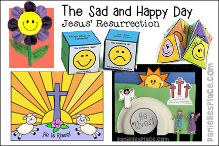 Sad and Happy Day Lesson for Sunday School and Children's Ministry, Including Bible Crafts, Games and Bible Verse Review Activities, Bible Verse:
Luke 24: 34 – “The Lord is risen indeed.”, Story References:
Matthew 26:1-4, 27-31, Luke 24:1-10, Mark 16:1-11, John 20:1:18, Make a Moveable Sad and Happy Mary Picture, Sad and Happy Day Folded Paper Finger Game, Make a Sad Face/Happy Face Puppet, He is Risen Easter Color Sheet, Paper Plate Happy Face Flower Craft, “He Lives” Easter Interactive Paper Plate Craft, Changing Scene Easter Display Craft with Printable Stick Puppets, Stick Puppet Skit, Play a Beanbag Game, Easter Three-in-a-Row Game, Happy Sad Day Dice Review Game, Songs Easter Morning, daniellesplace.com, daniellespace.com, daniellplace.com, daniellsplace.com, danielsplace,com, danielspace.com, danielplace.com, danilesplace.com, danielplace.com