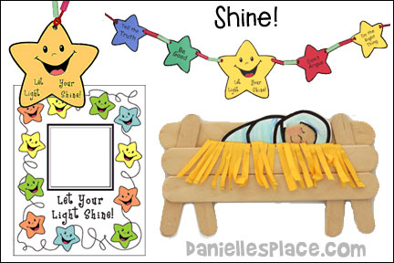 Shine Christmas Bible Lesson for Sunday School and Children's Ministry Including Bible Crafts, Games and Bible Verse Review Activities, Bible Reference:
Ephesians 5:8 – 21 and Matthew 5:16 , Shine! Star Ornament craft, “Let Your Light Shine” Glowing Window Picture craft, “Jesus Lights Up My Life!” Color Sheet craft, “Let Your Light Shine” Star Necklace craft, star garland craft, Bible Verse Relay activity, Musical Chairs Bible Verse Relay, Baby Jesus in a Craft Stick Manger Craft, daniellesplace.com, danielleplace.com, daniellespace.com, danielsplace.com, danielplace.com, danielspace.com