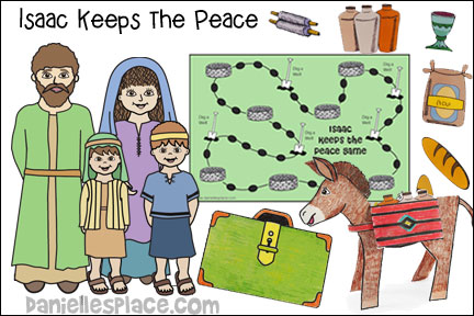 Isaac Keeps the Peace Bible Lesson for Sunday School and Children's Ministry, Including Bible Crafts, Games, songs,  and Bible Verse Review Activities, Memory Verse:
“Let us therefore follow after the things which make for peace, and things wherewith one may edify another.” Romans 14:19, KJV, Story References: Genesis 25:24-28, 26:1-33, Isaac moves his family suitcase craft, Donkey with Pack Craft and Activity, Donkey Envelope Craft, Isaac Keeps the Peace Bible Review Board Game, Isaac keeps the peace well craft with bible verse, Bible Verse Review Sheet for Older Children, Guess Which Well Has Water Game, 
daniellesplace.com, daniellespace.com, daniellplace.com, daniellsplace.com, danielsplace,com, danielspace.com, danielplace.com, danilesplace.com, danielplace.com