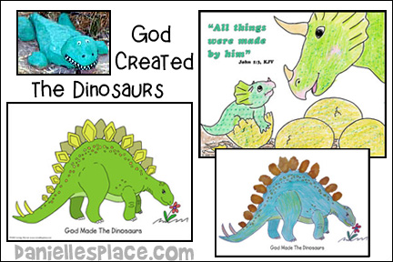 God Created the Dinosaurs for Sunday School and Children's Ministry Including Bible Crafts, Games and Bible Verse Review Activities, Bible Reference: John 1:3, KJV, Make Play Dough Dinosaurs activity, Talk About Dinosaurs activity,  “God Made The Dinosaurs” Stegosaurus Cornflake Activity Sheet,  Dinosaur Coloring Sheet,  “All Things Were Made by Him” Activity Sheet, Make a Sticker Book of Dinosaurs craft,  Dinosaur Feet Relay Race Game, Dinosaur Egg Hunt Game, Bible Verse Review Board Game, Dinosaur Egg Discovery activity, song God made the dinosaurs, daniellesplace.com daniellespace.com, danielleplace.com, daniellslace.com, danielsplace.com, danielplace.com, danielspace.com